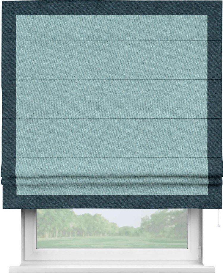 Римская штора «Кортин» с кантом Чесс, для проема, ткань твид блэкаут, небесно-голубой