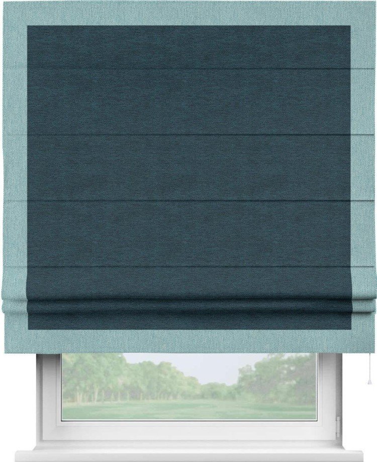 Римская штора «Кортин» с кантом Чесс, для проема, ткань твид блэкаут, глубокий синий